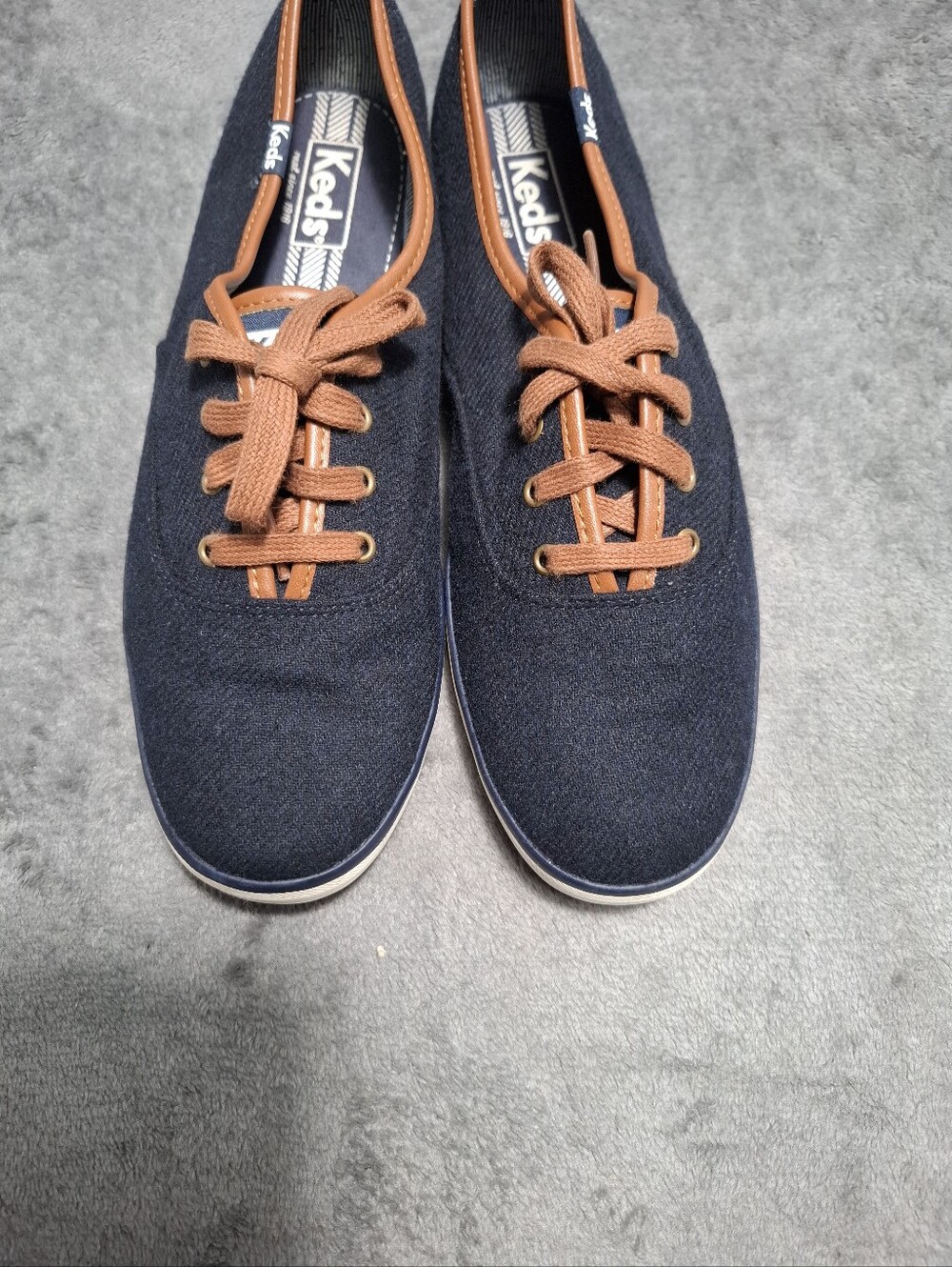 Keds Champion Canvas Shoes Size 9.5 Navy Blue Tan Wool Blend Low Top Sneakers - Picture 13 of 14